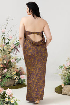 Brown Print Strapless Plus Size Bridesmaid Dress