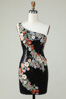 Load image into Gallery viewer, One Shoulder Black Sequin Beading Short Formal Dress