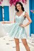 Load image into Gallery viewer, Unique A Line Spaghetti Straps Grey Green Printed Short Formal Dress