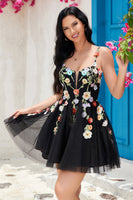 Load image into Gallery viewer, Stylish A Line Spaghetti Straps Black Short Formal Dress with Appliques