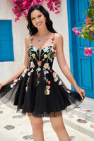 Load image into Gallery viewer, Stylish A Line Spaghetti Straps Black Short Formal Dress with Appliques