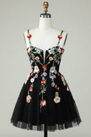 Load image into Gallery viewer, Spaghetti Straps Black A Line Sequin Flowers Short Formal Dress