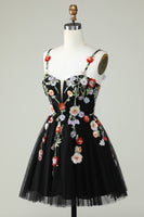 Load image into Gallery viewer, Spaghetti Straps Black A Line Sequin Flowers Short Formal Dress
