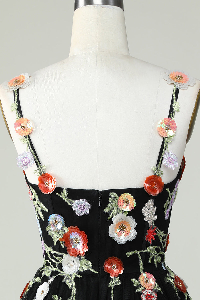 Load image into Gallery viewer, Spaghetti Straps Black A Line Sequin Flowers Short Formal Dress