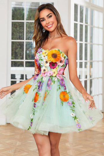 Champagne Strapless Short Formal Dress with 3D Flowers