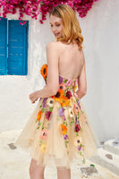 Load image into Gallery viewer, Champagne Strapless Short Formal Dress with 3D Flowers