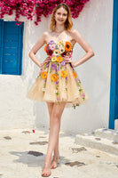 Load image into Gallery viewer, Champagne Strapless Short Formal Dress with 3D Flowers