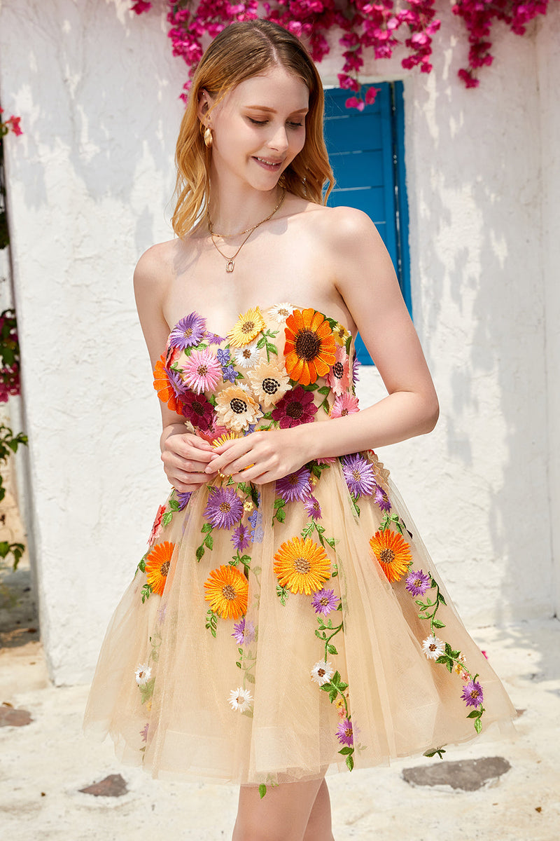 Load image into Gallery viewer, Champagne Strapless Short Formal Dress with 3D Flowers