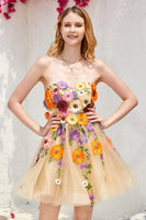 Load image into Gallery viewer, Champagne Strapless Short Formal Dress with 3D Flowers