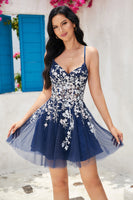 Load image into Gallery viewer, Stylish A Line Navy Spaghetti Straps Short Formal Dress With Criss Cross Back