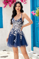 Load image into Gallery viewer, Stylish A Line Navy Spaghetti Straps Short Formal Dress With Criss Cross Back