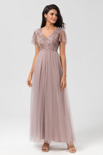 Sparkly V-Neck Dusty Pink Bridesmaid Dress with Beading