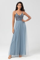 Load image into Gallery viewer, A-Line Spaghetti Straps Dusty Pink Long Bridesmaid Dress with Beading