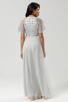 Load image into Gallery viewer, Tulle A-Line Twilight Beaded Bridesmaid Dress with Short Sleeves