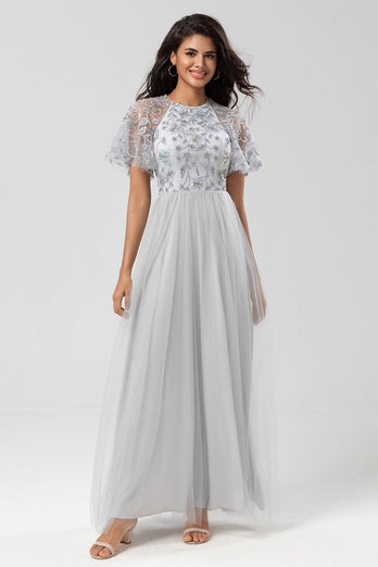 Tulle A-Line Twilight Beaded Bridesmaid Dress with Short Sleeves