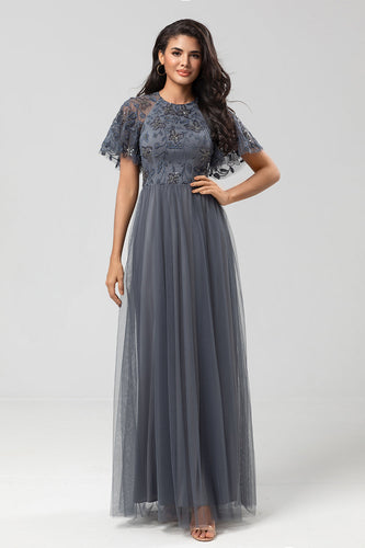 Tulle A-Line Twilight Beaded Bridesmaid Dress with Short Sleeves