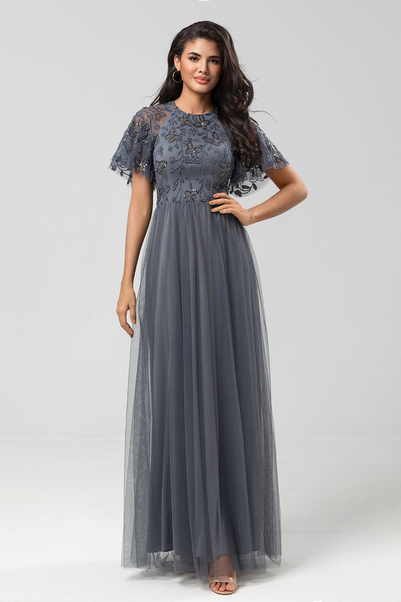 Load image into Gallery viewer, Tulle A-Line Twilight Beaded Bridesmaid Dress with Short Sleeves