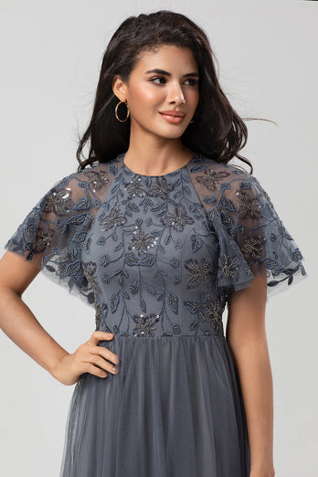 Tulle A-Line Twilight Beaded Bridesmaid Dress with Short Sleeves