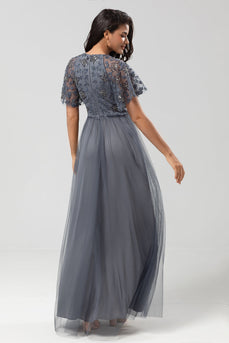 Tulle A-Line Twilight Beaded Bridesmaid Dress with Short Sleeves