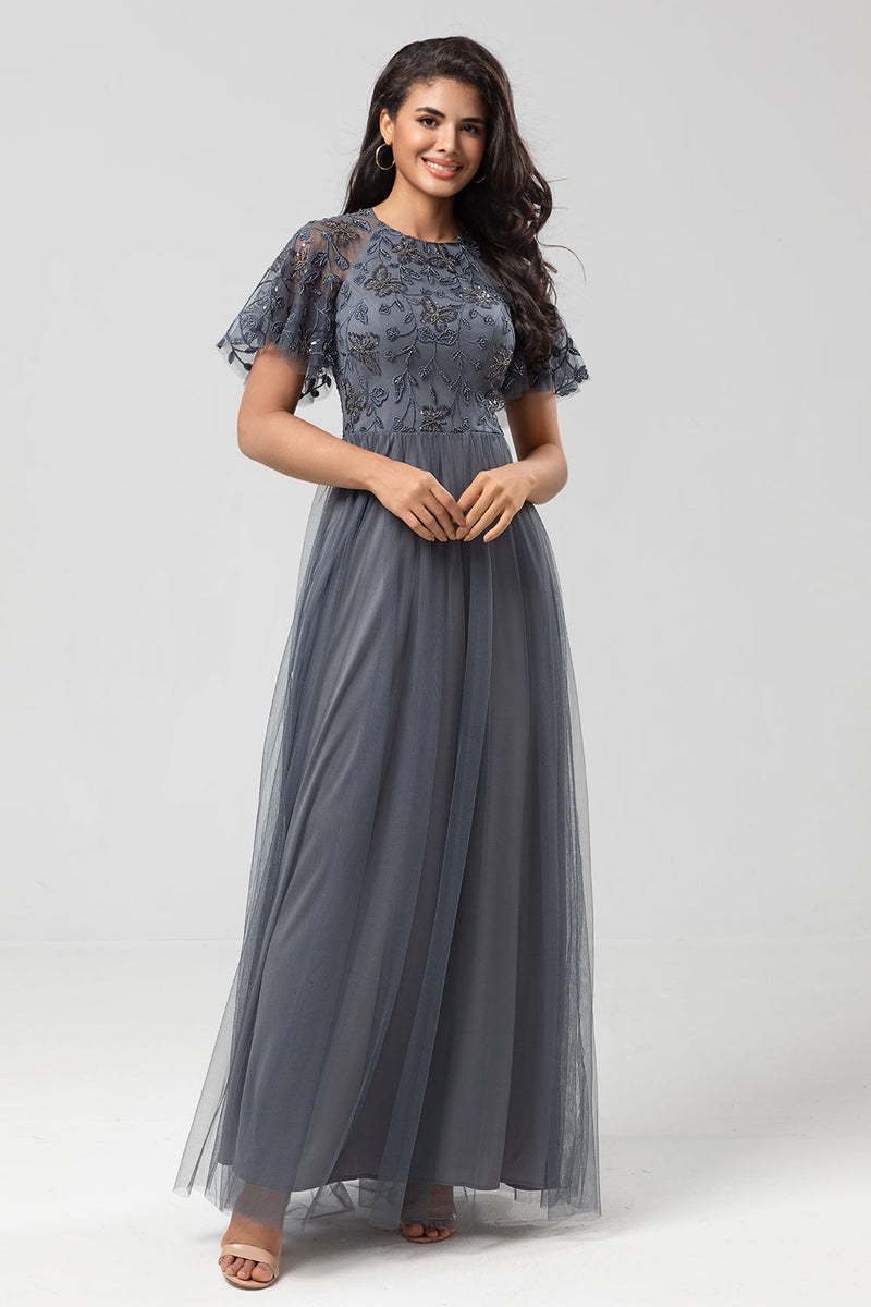 Load image into Gallery viewer, Tulle A-Line Twilight Beaded Bridesmaid Dress with Short Sleeves