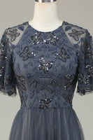 Load image into Gallery viewer, A-Line Tulle Beaded Long Grey Bridesmaid Dress with Appliques