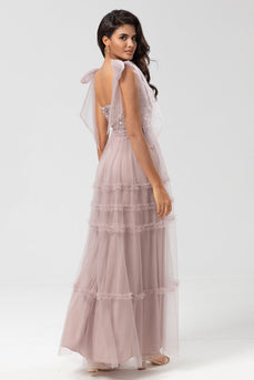 Tulle A-Line Dusty Pink Beaded Bridesmaid Dress