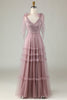 Load image into Gallery viewer, Tulle V-Neck Dusty Pink Bridesmaid Dress with Beading