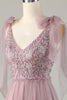 Load image into Gallery viewer, Tulle V-Neck Dusty Pink Bridesmaid Dress with Beading