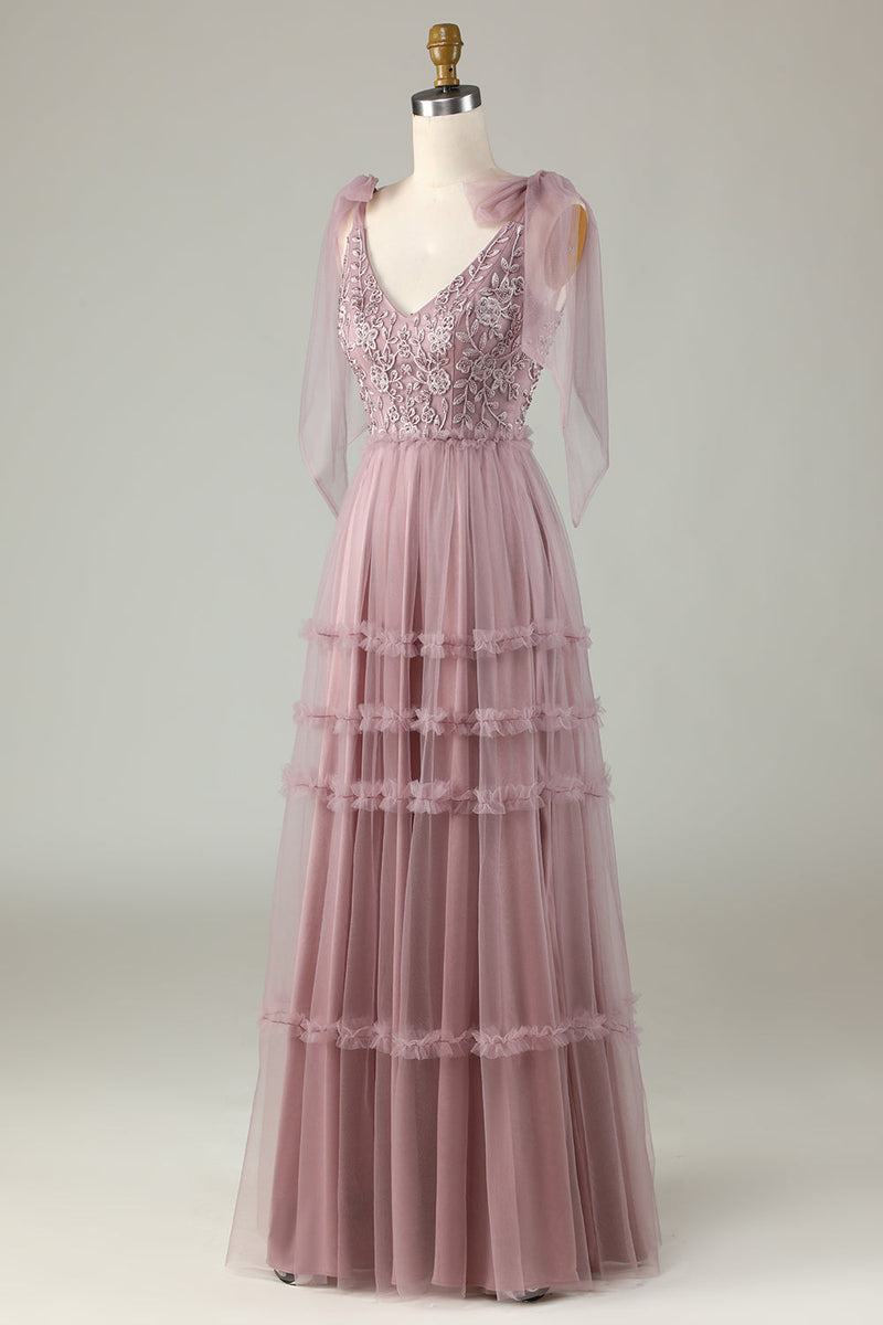 Load image into Gallery viewer, Tulle V-Neck Dusty Pink Bridesmaid Dress with Beading