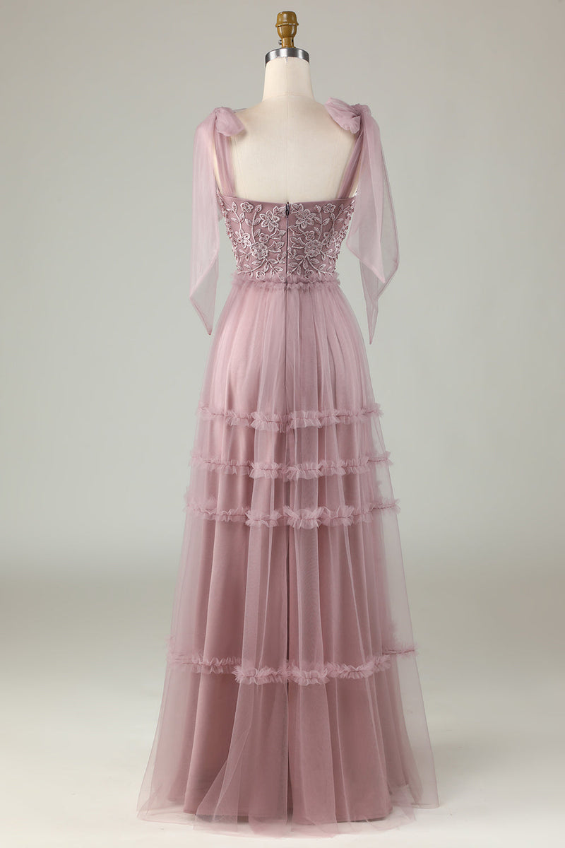 Load image into Gallery viewer, Tulle V-Neck Dusty Pink Bridesmaid Dress with Beading