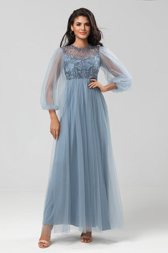 Sequins Dusty Blue Bridesmaid Dress with Long Sleeves