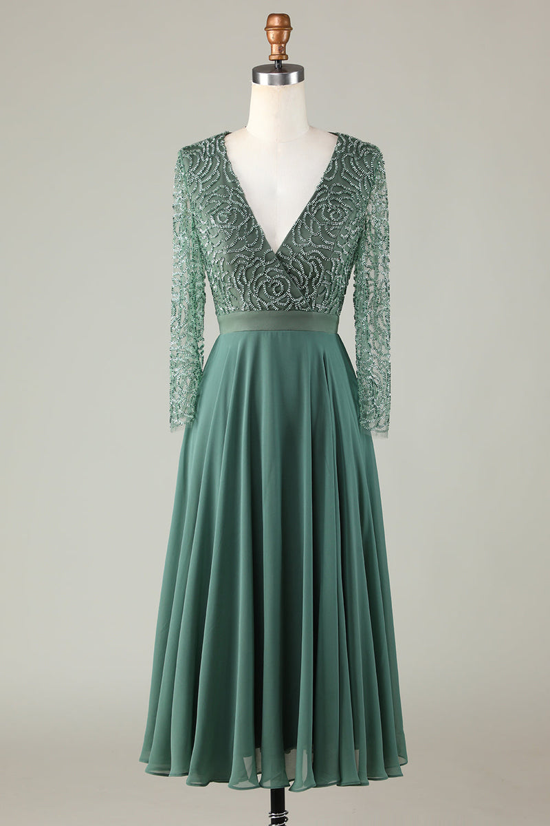 Load image into Gallery viewer, A Line Eucalyptus V-Neck Beaded Long Sleeves Bridesmaid Dress