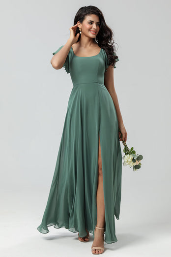 Chiffon A-Line Eucalyptus Long Bridesmaid Dress with Slit