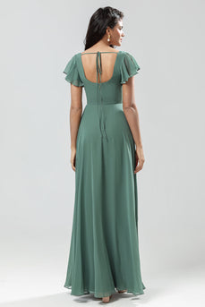 Chiffon A-Line Eucalyptus Long Bridesmaid Dress with Slit