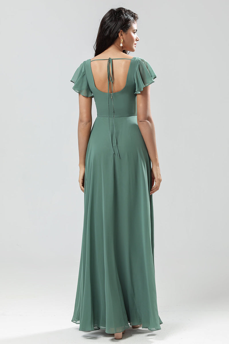 Load image into Gallery viewer, Chiffon A-Line Eucalyptus Long Bridesmaid Dress with Slit