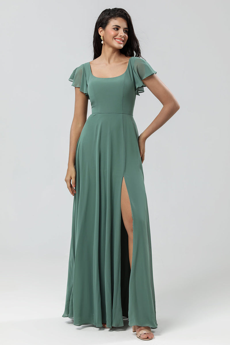 Load image into Gallery viewer, Chiffon A-Line Eucalyptus Long Bridesmaid Dress with Slit