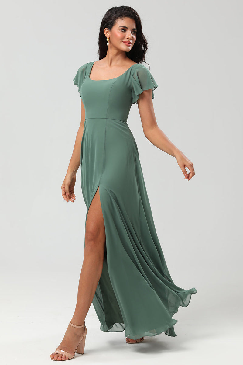 Load image into Gallery viewer, Chiffon A-Line Eucalyptus Long Bridesmaid Dress with Slit