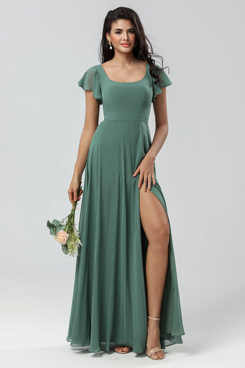 Chiffon A-Line Eucalyptus Long Bridesmaid Dress with Slit