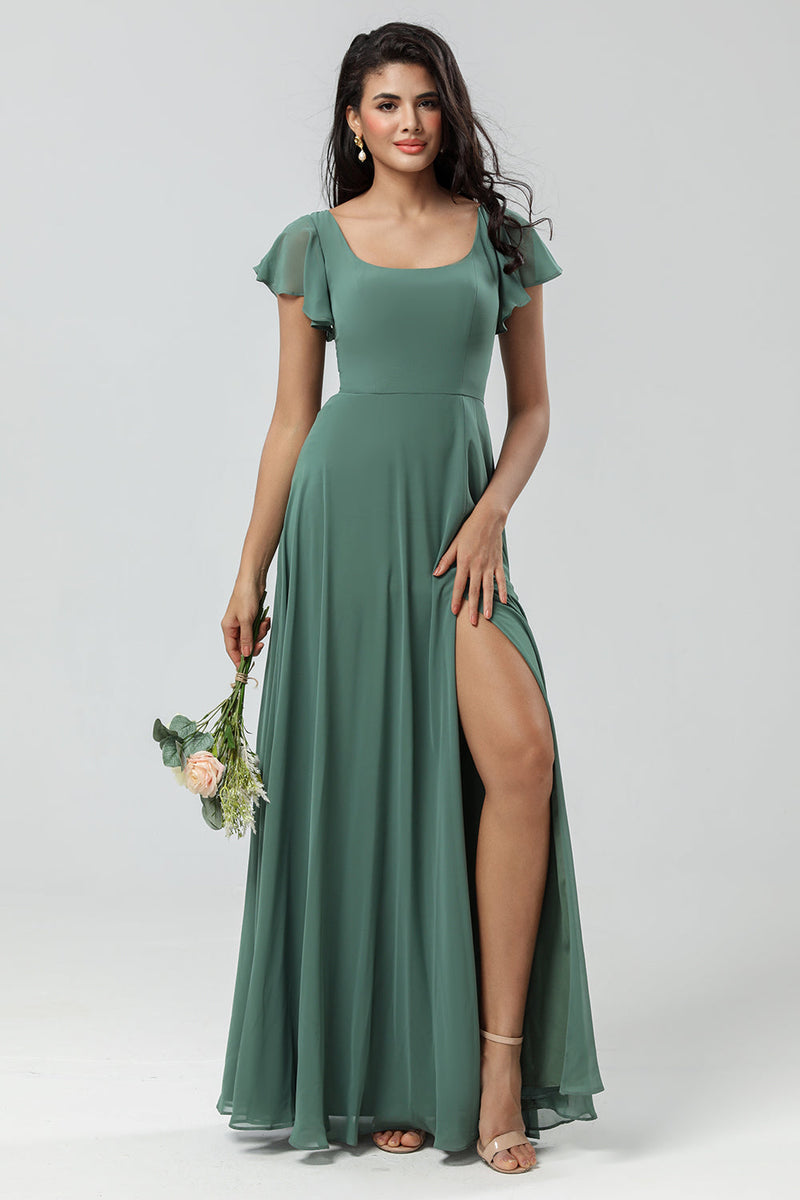 Load image into Gallery viewer, Chiffon A-Line Eucalyptus Long Bridesmaid Dress with Slit