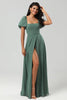 Load image into Gallery viewer, Puff Sleeves Eucalyptus Long Bridesmaid Dress with Slit