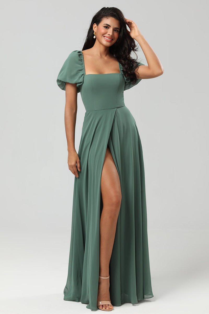Load image into Gallery viewer, Puff Sleeves Eucalyptus Long Bridesmaid Dress with Slit