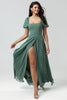 Load image into Gallery viewer, Puff Sleeves Eucalyptus Long Bridesmaid Dress with Slit