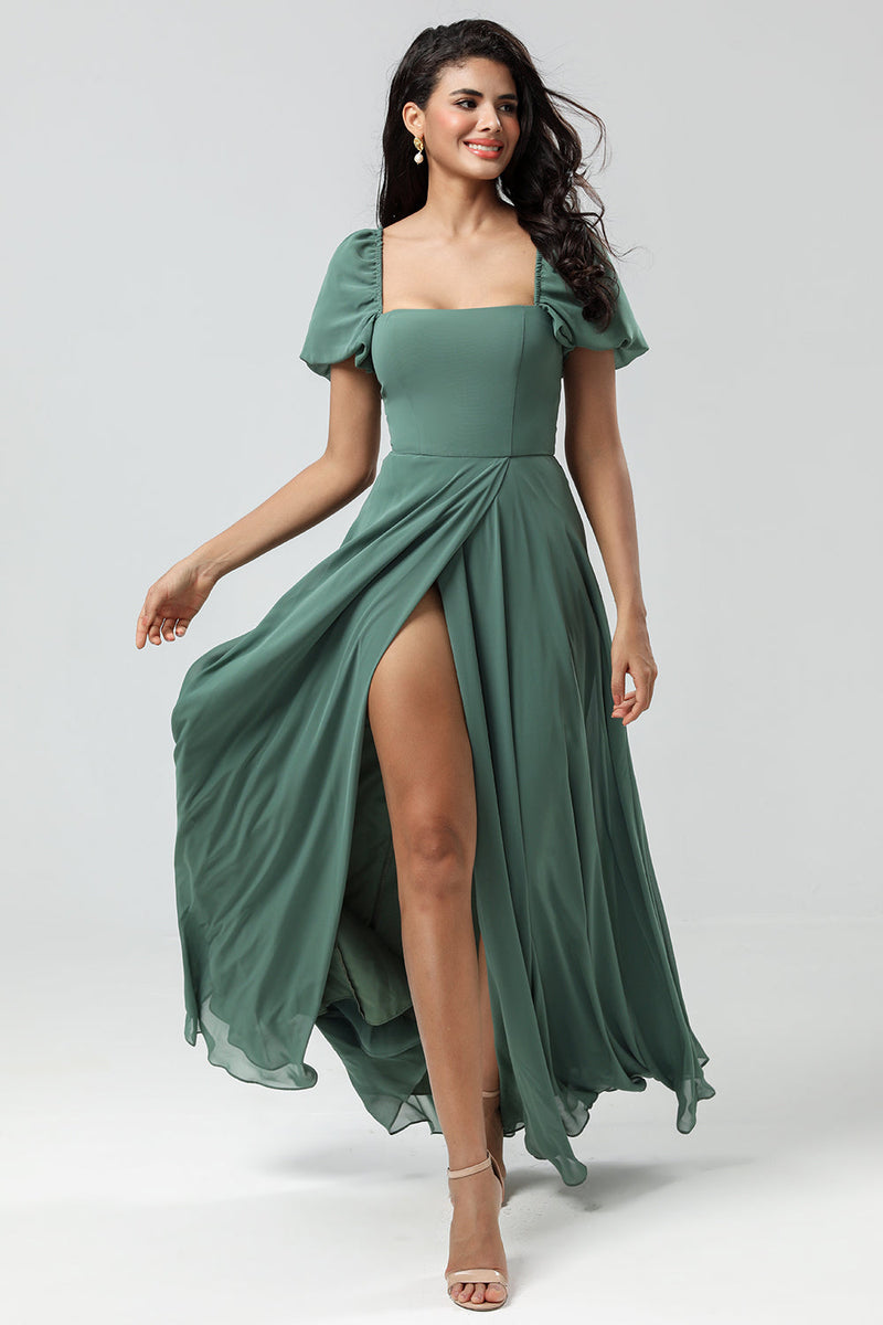 Load image into Gallery viewer, Puff Sleeves Eucalyptus Long Bridesmaid Dress with Slit