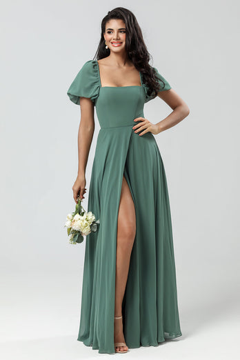 Puff Sleeves Eucalyptus Long Bridesmaid Dress with Slit