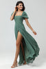 Load image into Gallery viewer, Puff Sleeves Eucalyptus Long Bridesmaid Dress with Slit