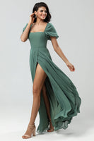 Load image into Gallery viewer, Puff Sleeves Eucalyptus Long Bridesmaid Dress with Slit
