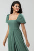 Load image into Gallery viewer, Puff Sleeves Eucalyptus Long Bridesmaid Dress with Slit