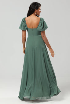 Puff Sleeves Eucalyptus Long Bridesmaid Dress with Slit