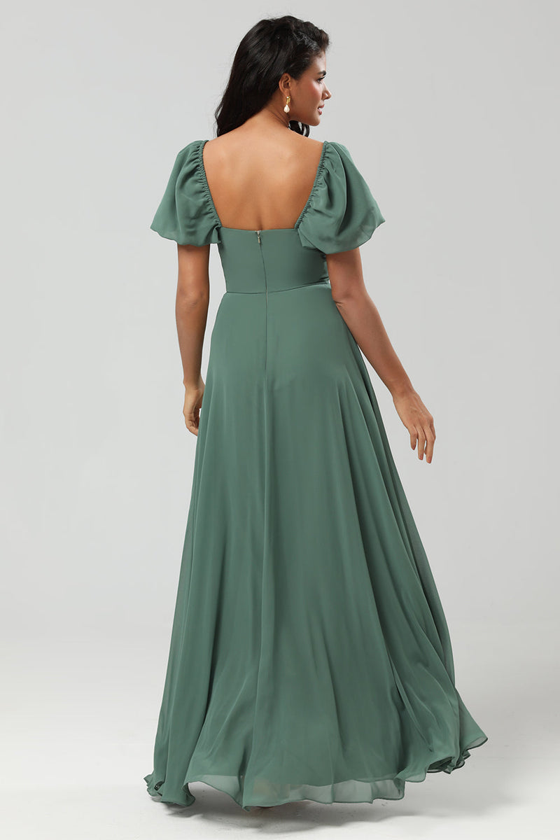 Load image into Gallery viewer, Puff Sleeves Eucalyptus Long Bridesmaid Dress with Slit