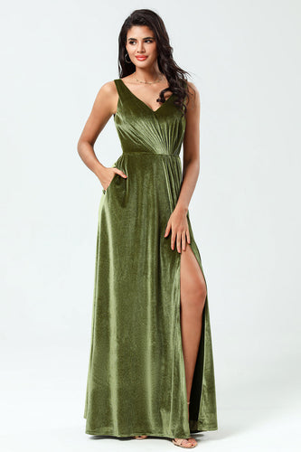 Velvet Olive V-Neck Bridesmaid Dress with Slit